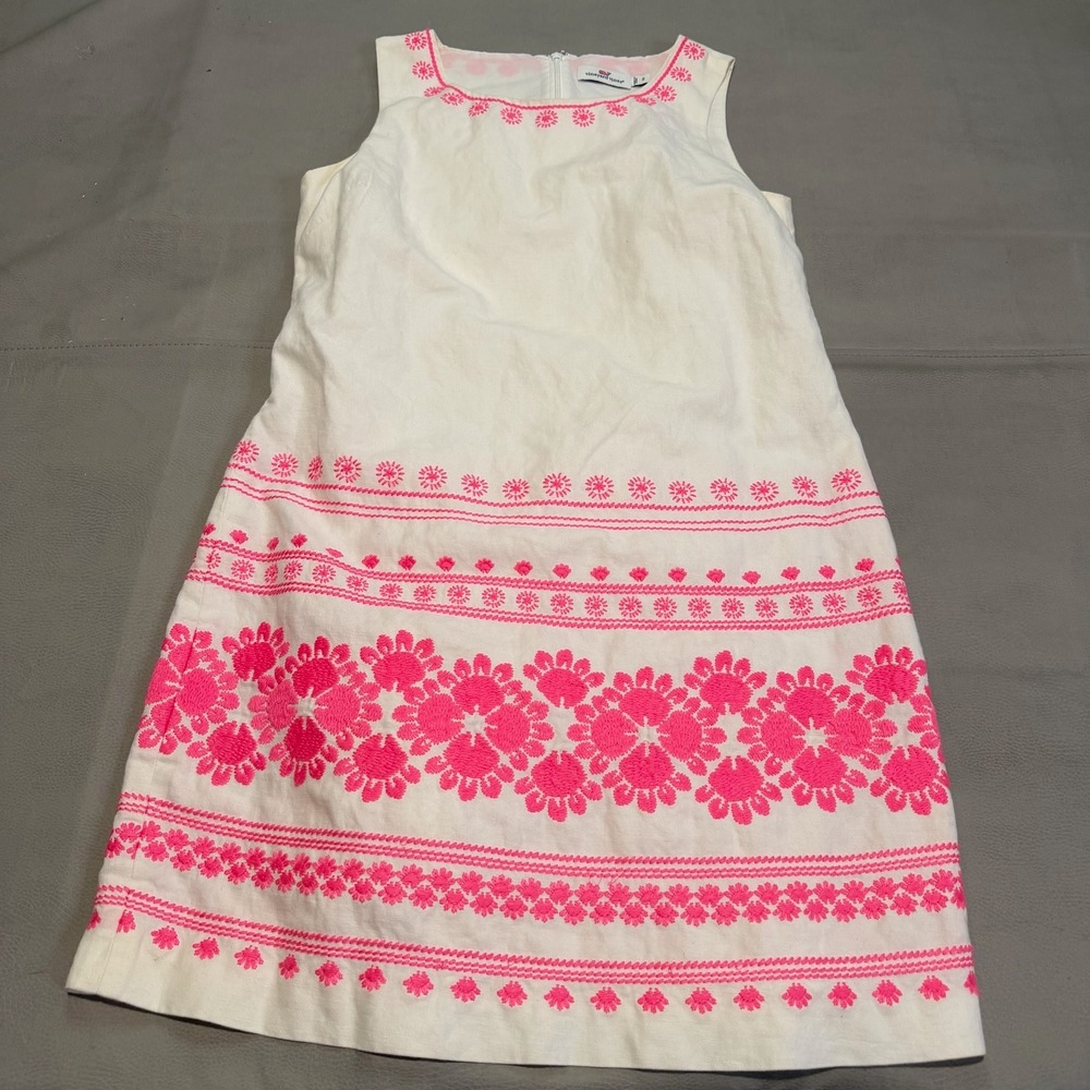 Vineyard Vines Women White Pink Floral Embroider Cotton Linen Shift Dress 2-6957